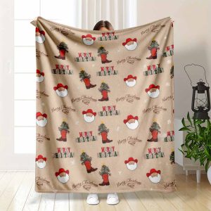 Christmas Santa Flannel Blanket， Cowboy Boot Xmas Tree Print Pattern， Soft Cozy Warm， Lightweight， Perfect for Sofa， Bed， Living Room， Holiday Decoration & Festive Season Gift.