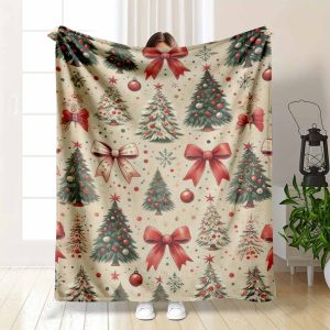 Christmas Tree Flannel Blanket, Festive Bows Print Pattern, Super Soft, Warm and Cozy, Lightweight, Perfect for Snuggling on the Couch, Home Decor, Holiday Season, and Thoughtful Christmas Gift Ideas.