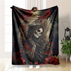 Vintage Skeleton Tattoo Artist Flannel Blanket Diamond Art Print Soft Warm Lightweight Durable for Bedroom Sofa Office Lounge Gift Decor
