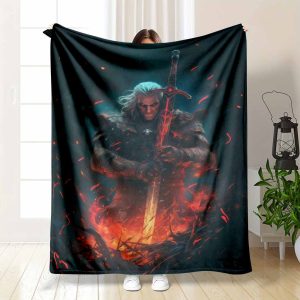Warrior With Flaming Sword Flannel Blanket Fantasy Battle Art Print Soft Cozy Warm Lightweight Durable Ideal For Bedroom Living Room Gaming Lounge Medieval Decor Gift