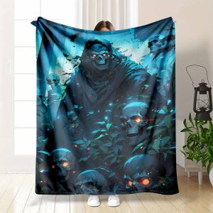 Mystic Reaper Flannel Blanket with Glowing Skull Print, Soft Warm Lightweight Cozy Throw, Perfect for Halloween Parties, Gothic Home Decor, Horror Movie Nights, Spooky Gift Ideas