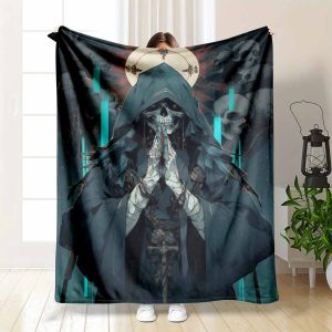 Gothic Hooded Skeleton Flannel Blanket Dark Fantasy Skull Art Print Soft Warm Cozy Lightweight Throw Perfect for Sofa Bedroom Halloween Party Cosplay Decoration Gift