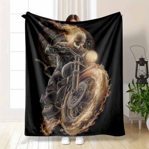 Flaming Skull Motorcycle Flannel Blanket, Zodiac Inferno Art Print, Soft Cozy Warm Durable, Perfect for Bedroom Decor, Living Room Accent, Biker Enthusiast Gift, Outdoor Camping, Lounge or Studio Use