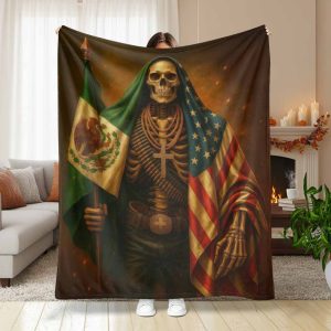 Skeleton Warrior Flannel Blanket with Dual Mexico and USA Flag Print， Soft Warm Durable， Perfect for Living Room Decor， Patriotic Events， Office Display， Festival Gift