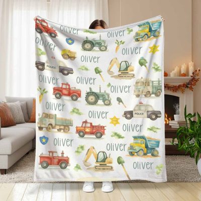 Oliver Construction Vehicles Flannel Blanket with Police Car Tractor Excavator Dump Truck Print Soft Warm Cozy Durable for Bedroom Sofa Office Travel Gift
