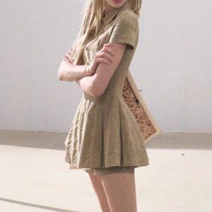 / "The wind is like a girl" Cotton College style vertical texture shirt dress pleated skirt