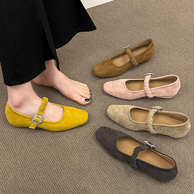 French flat sole evening breeze gentle shoes one-liner strap with skirt fairy shoes square toe suede ballet single shoes women