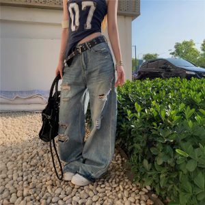 Real shot American retro hot girl ripped jeans women's summer loose wide-leg floor trousers