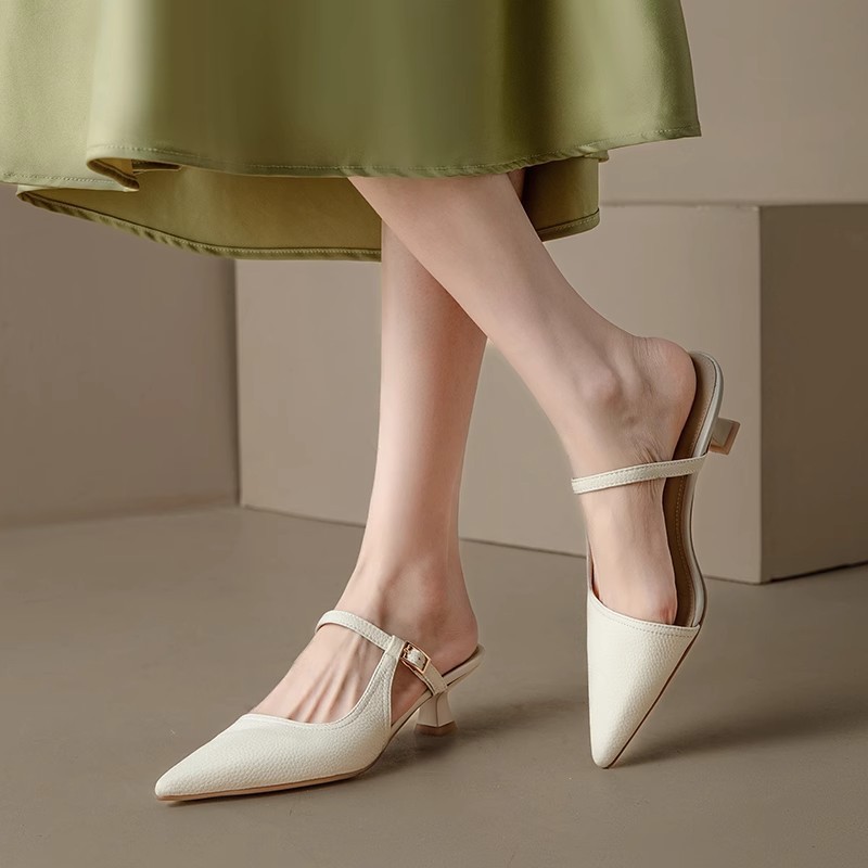 French lychee pattern slim heel bag sandals for women in summer, pointy toe outside cat heel half slippers sandals