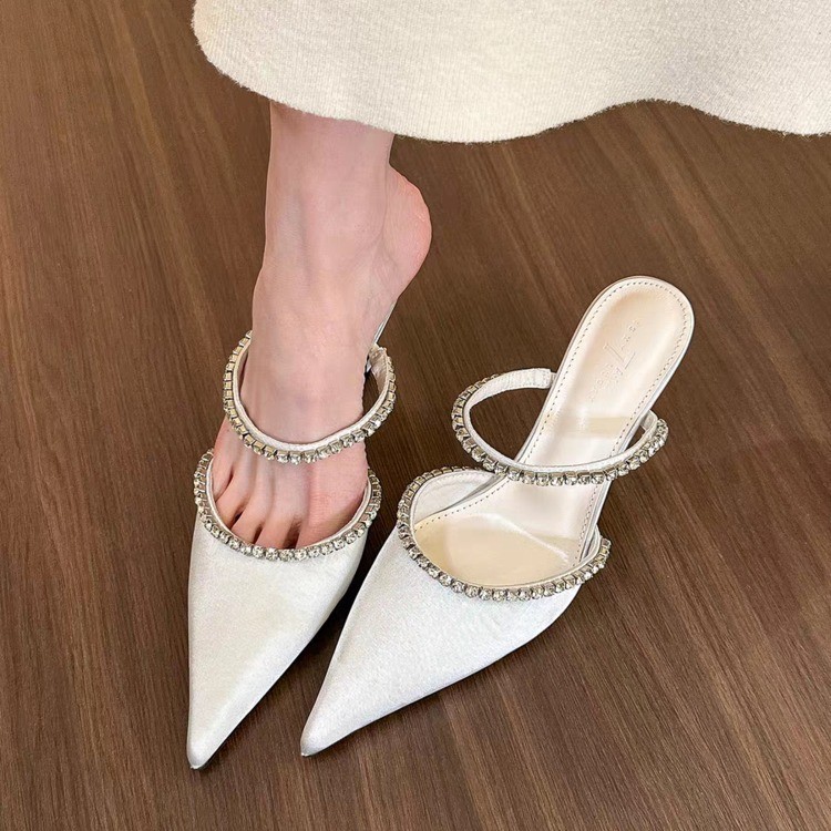 Rhinestone one-line shallow mouth high heels fashionable simple spring and summer pointed toe slim heels mid-heel half slippers for women