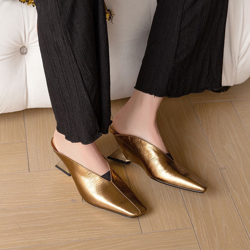 French beautiful temperament without tiring feet, heels, high heels, muller half-tow sandals for spring, half-block sandals for women in summer