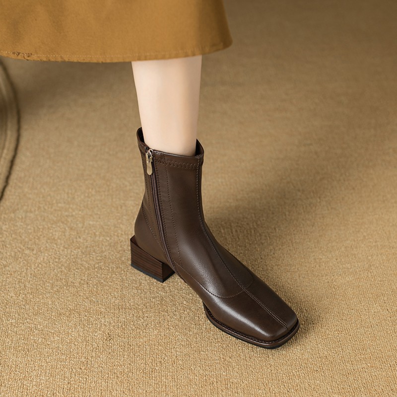 Thick heel square-headed Martin short boots for women in English style spring and autumn simple thin and naked single boots