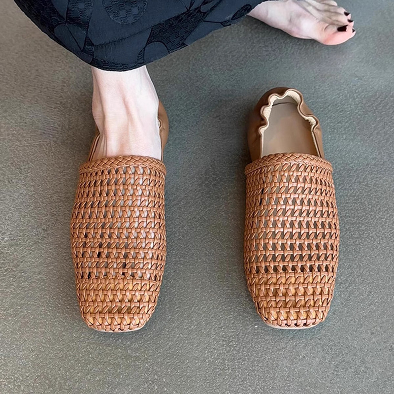 Soft leather version ~ Retro braided super soft leather single shoes for women simple square head hollowed out breathable flat mules